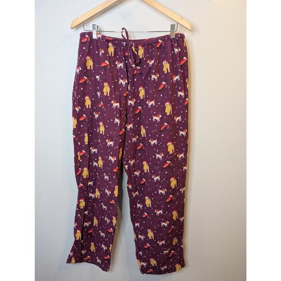 L.L.Bean Flannel Pajama Pants Holiday Dogs Santa Hats Burgundy Cotton Large - Picture 1 of 8